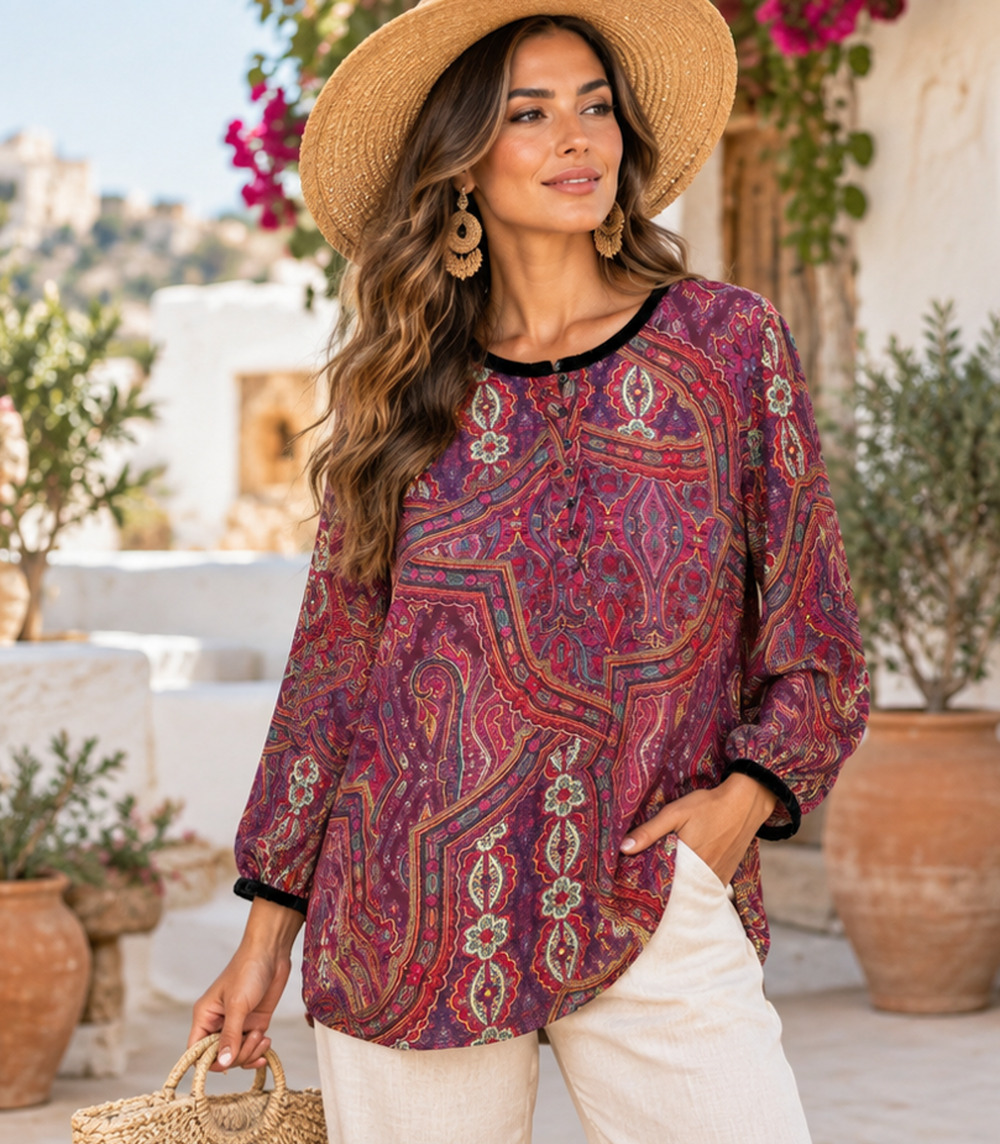 Lauren Ralph Lauren Paisley Tunic Top Sz 3X Velvet Trim Long Slv Boho Whimsigoth